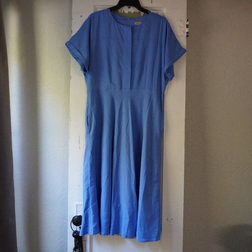 Cremieux Blue Short Sleeve Button Front Midi Dress Pockets Size L